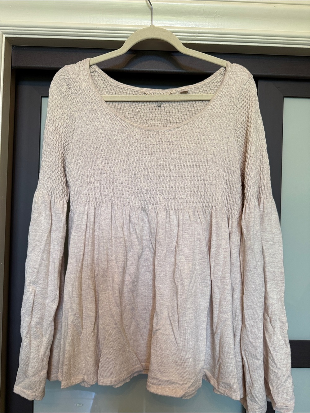 Anthropologie Knitted and Knotted Smocked Top in Oatmeal Heather.